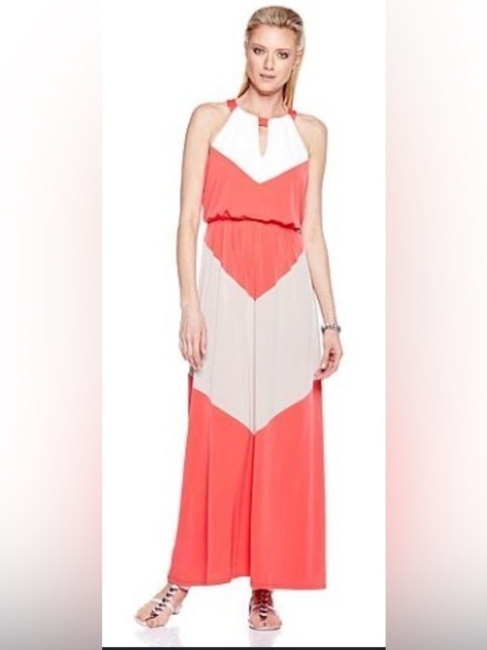 Vince Camuto Coral and Cream Colorblock Halter Maxi Dress
